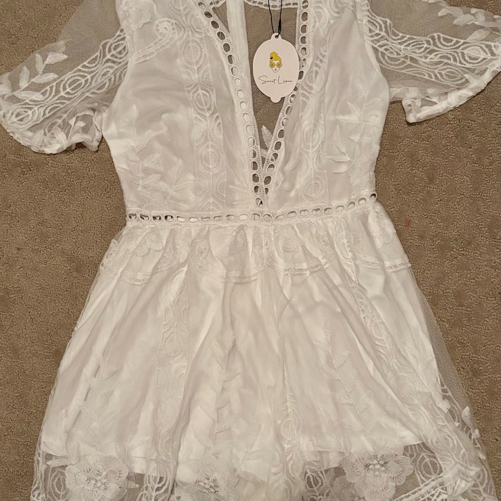Elegant White Lace Romper by Sweet Lemon